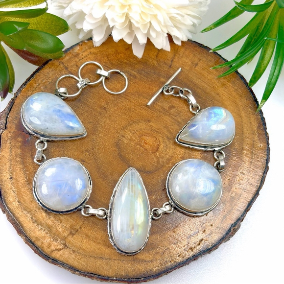 Rainbow Moonstone Extra Chunky Bracelet Pear Round Sterling Silver 925 Overlay - Picture 3 of 11